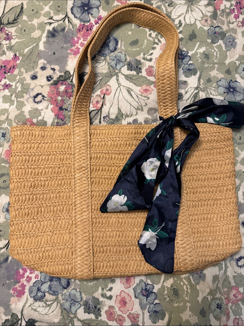 Draper James Tan Woven Tote with Navy Floral Scarf